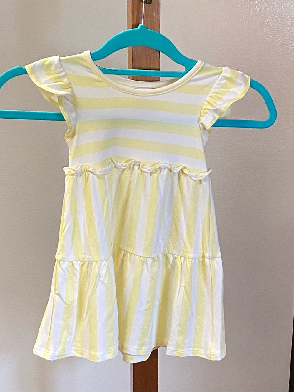 Girls Yellow and White Striped Tiered Dress with Flutter Sleeves